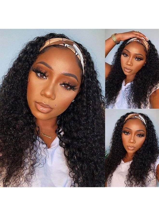 Headband Wig Human Hair Deep Wave 16 Inch Wigs for Black Women Glueless None Lace Front Curly Wave Wig Brazilian Virgin Hair Wear and Go Wigs Machine Made 150% Density Wigs Natural Color