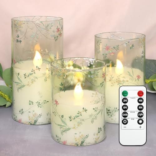 FLAVCHARM Glass Flameless Candles Flickering Battery Operated LED Pillar Candles Set of 3 with Timer and and 10Key Remote Green Branch Floral Spring Summer Theme for Wedding Festival Home Decoration