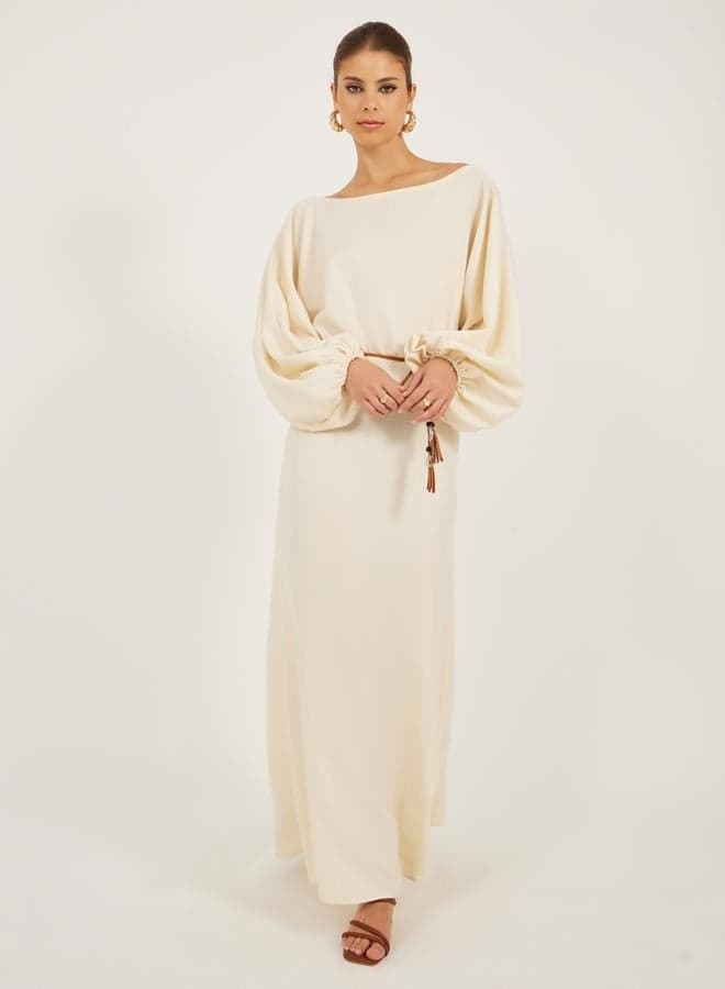 Solid Balloon Sleeves Boat Neck A-Line Maxi Dress