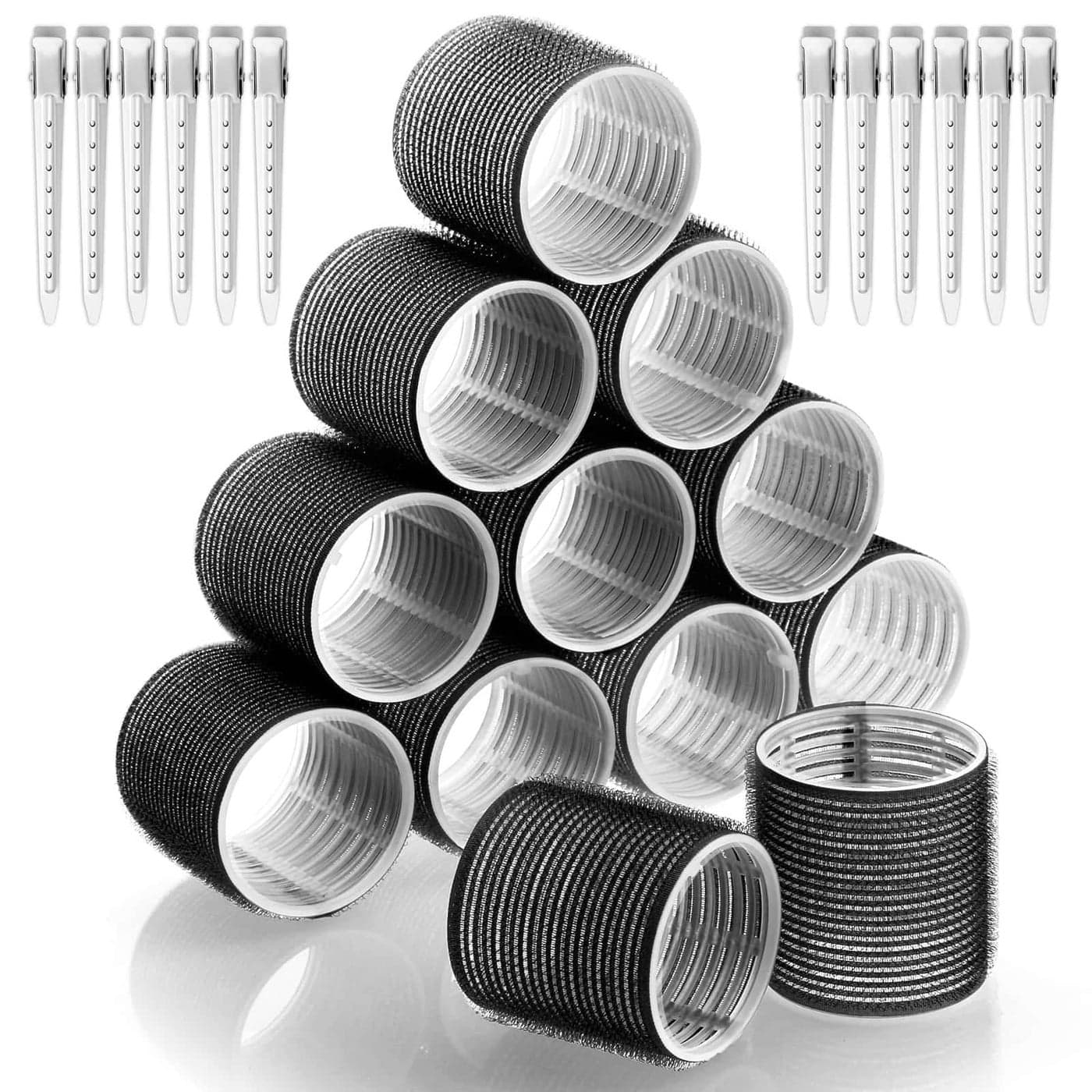 Jumbo Hair Curlers Rollers 12Pcs Hair Roller Curlers Self Grip Holding Rollers with12 Stainless Steel Duckbill Clips for Long Hair Volume Black