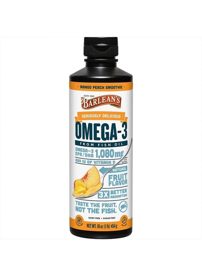 Mango Peach Omega 3 Fish Oil Liquid Supplement with Vitamin D, 1080mg EPA & DHA Fatty Acid, Smoothie Flavored & Burpless for Brain, Joint, & Heart Health, 16 oz