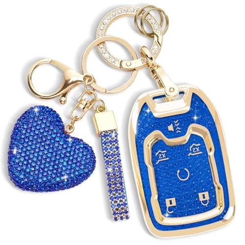 Rislobx Key Fob Cover with Diamond Key Chain Fit for Chevy GMC YukonYukon XL Car Key Protector with Rhinestone Heart Keychain for Terrain Acadia Sierra Suburban Tahoe for Women 6 Buttons Blue