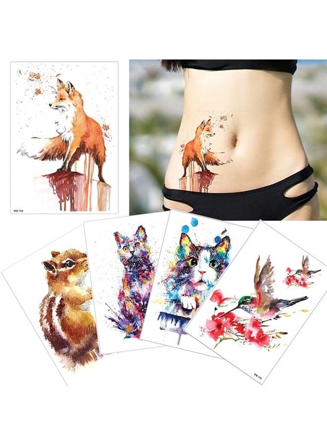Glaryyears Animal Temporary Tattoos for Adults, Large Watercolor Painting Drawing Fake Creative Tattoo Stickers, 5 Pack Fox Cat Water Transfer Body Makeup Art Home Decoration