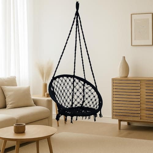 Patiofy Swing for Adults for Home/Swing for Adults/Jhula for Adults/Wooden Swing for Living Room/Swing for Balcony/Cotton Round Hammock Hanging Swing Chair Without Hanging Kit (Black)