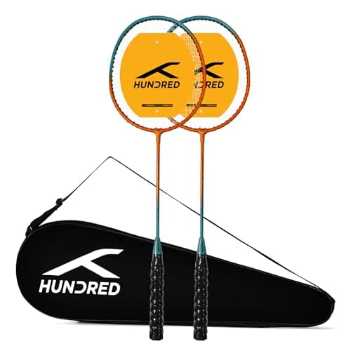 Hundred Powertek Ultra X Set of 2 Strung Badminton Racket with Full Cover (Orange/Blue)