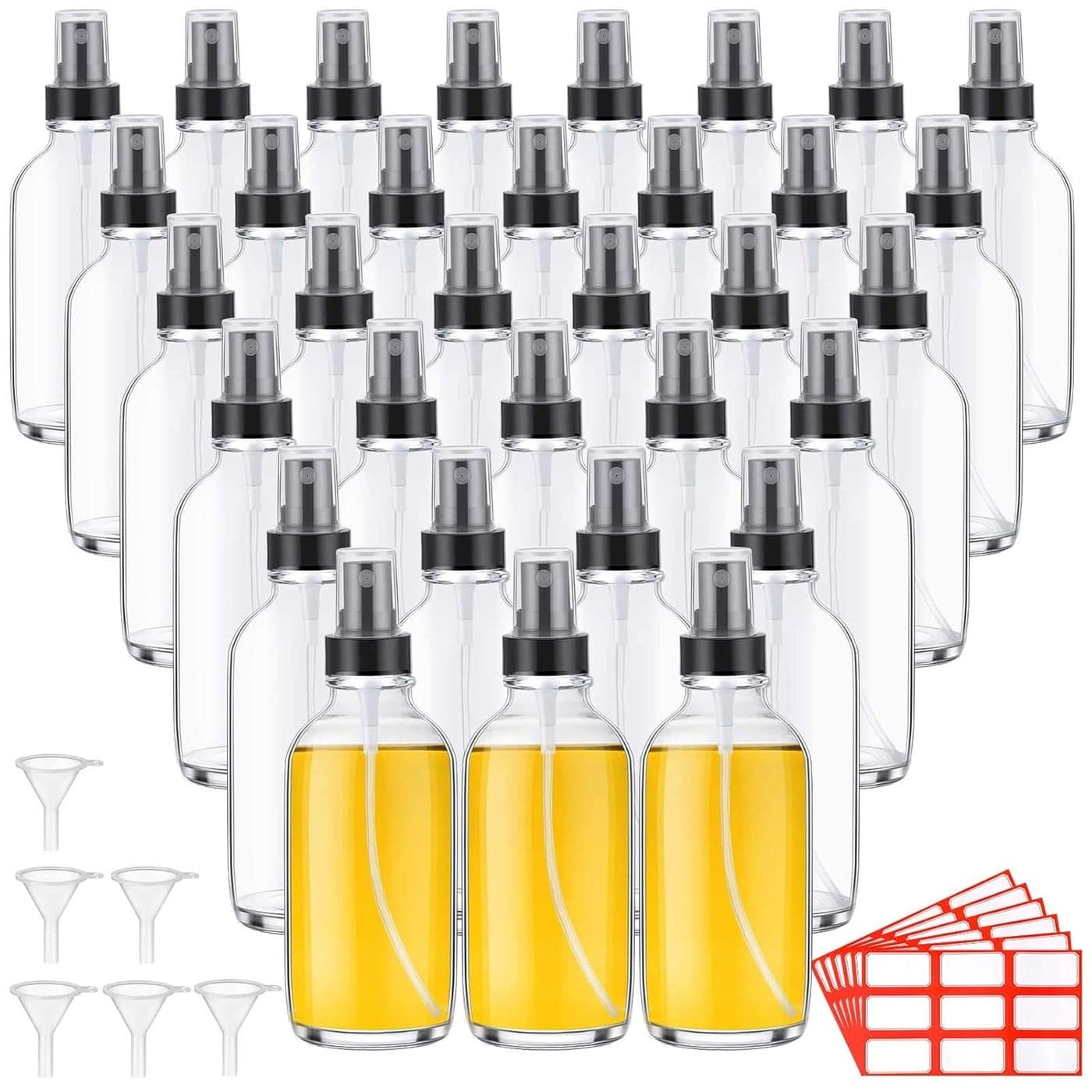 Fumete 36 Pcs Glass Spray Bottles 4oz Fine Mist Glass Spray Bottle Refillable Liquid Containers with 6 Labels 6 Funnel for Hair Travel Plants Cleaning Solutions Skin Care(Clear,Classic)