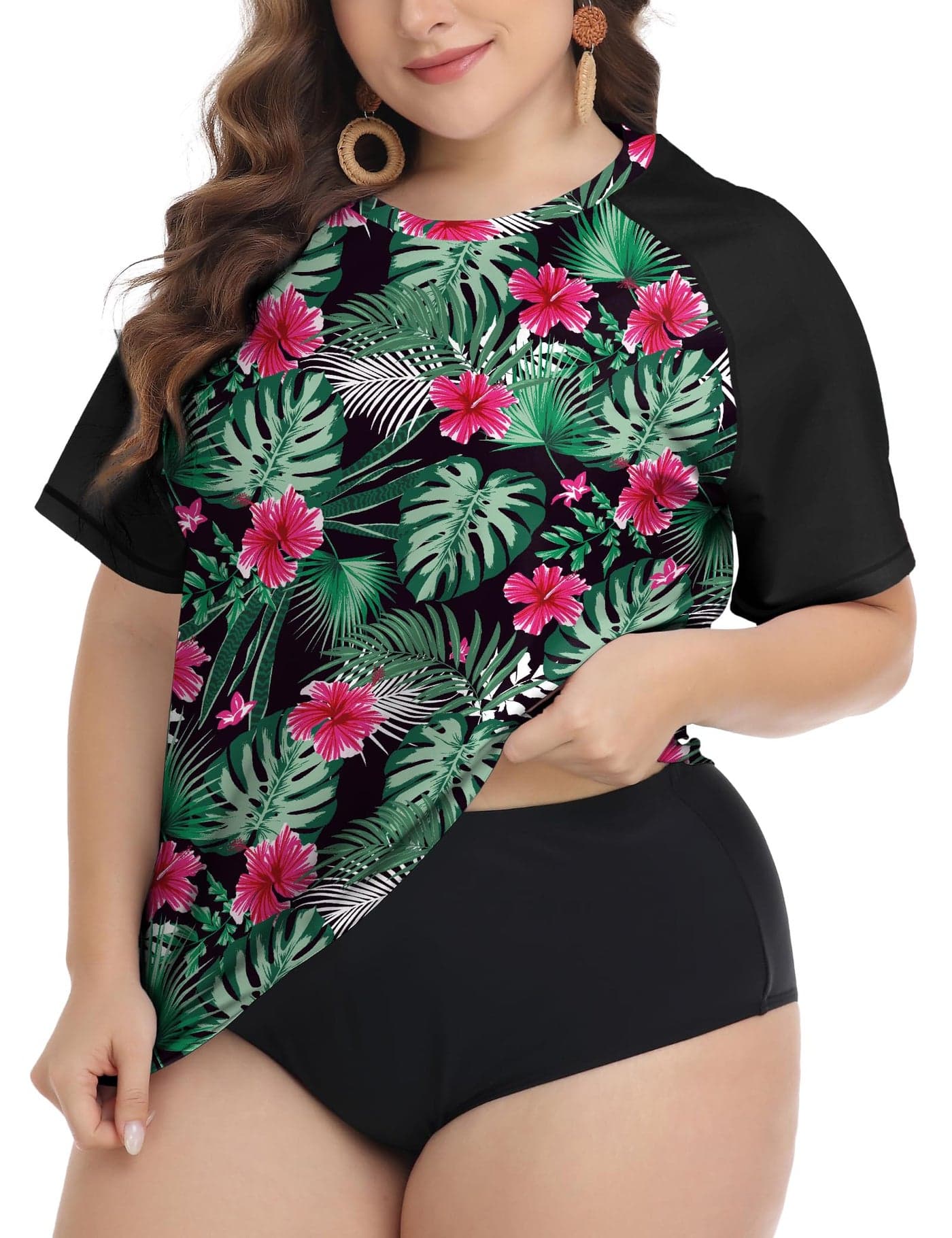 FOREYOND Plus Size Rash Guard Shirt for Women Short Sleeve UPF 50 Sun Protection Swimwear Swim Suits Top Green Leaves Pink Floral 3XL