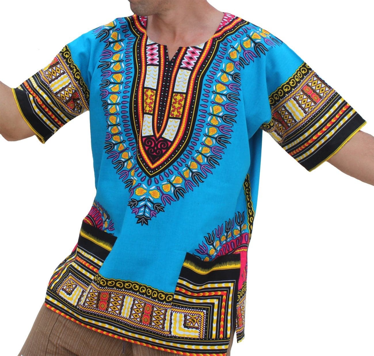 RaanPahMuang Unisex African Bright Dashiki Cotton Shirt Variety Colors, XX-Large, Azure Blue