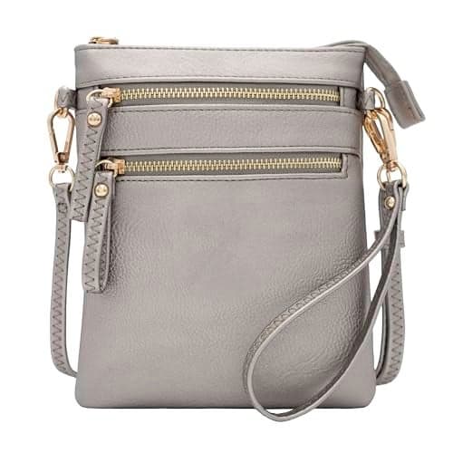 Solene Women's Faux Leather Organizer Multi Zipper Pockets Handbag With Detachable Wristlet Crossbody Bag-WU002(Light Pewter)