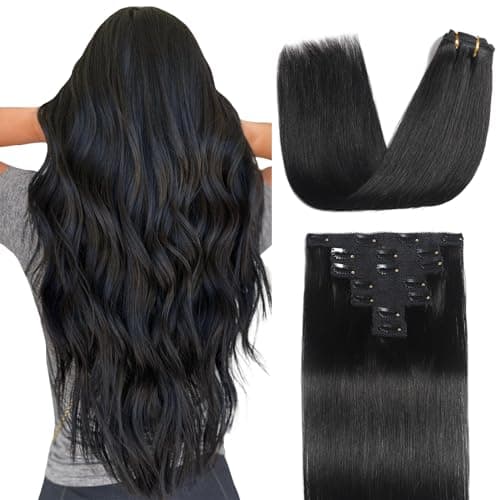 Sisily Clip in Hair Extensions Real Human Hair 24 Inch Premium Human Hair Clip in Extensions Natural Black Soft Straight Hair Extensions Real Human Hair Clip ins 7PCS Double Weft24 Inch 1B