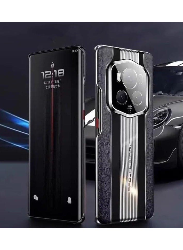 Case Compatible with Honor Magic 6 Pro Porsche Design Litchi Texture Back Shell Genuine Leather Coated Hard PC Shockproof Electroplating Cover