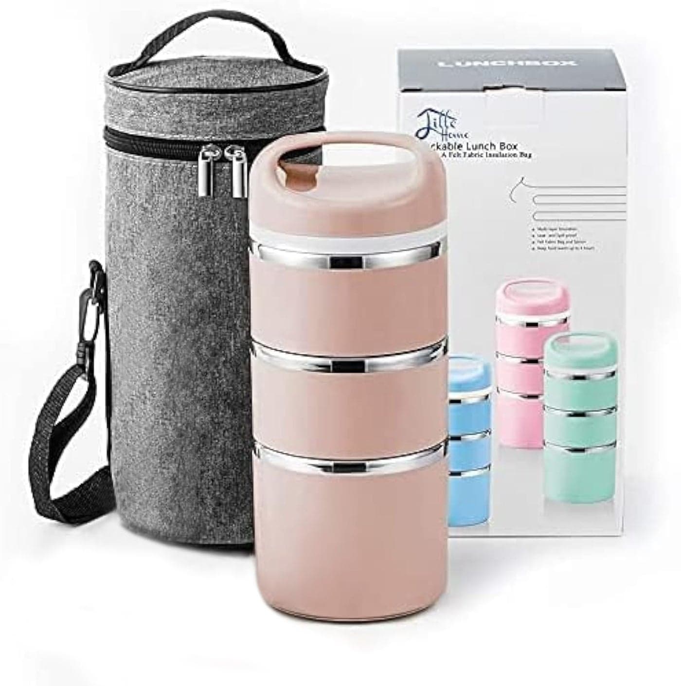 Lille Home Stackable Stainless Steel Thermal Compartment LunchSnack Box 3Tier Insulated BentoFood Container with Lunch Bag and Three Extra Seals 43OZ Gold