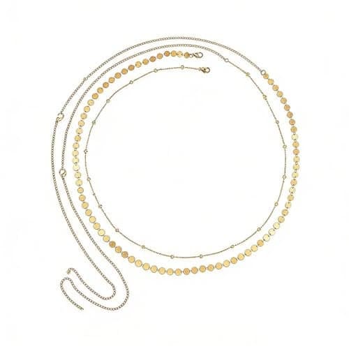 SANNIDHI® Waist Chain for Women Sexy 2pcs Set, Sequin Gold Plated Belly Waist Chains for Women, 2-Layered Waist Beads Coin Body Chain Jewelry, Adjustable Dainty Bikini Beach Wear Accessory 39in Long
