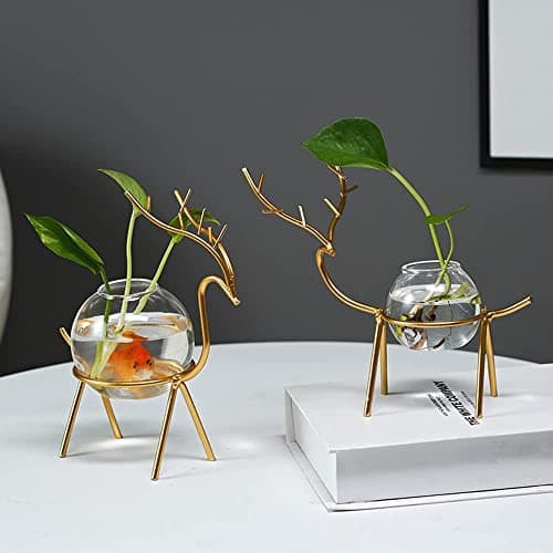 Lavish Craft Desktop Deer Plant Vases Small Glass Flower Vase with Gold Metal Stand Propagation Station Plant Holder Glass Planter Holder Deer for Home Wedding Decor (A+B Set)