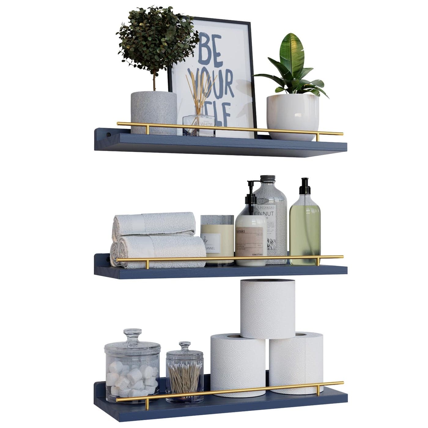 WOPITUES Floating Shelves with Gold Metal Guardrail Shelves for Wall Decor Set of 3 Wall Shelves for Bedroom Bathroom Kitchen Living Room Plants Picture Frames Art Gold in Navy Blue