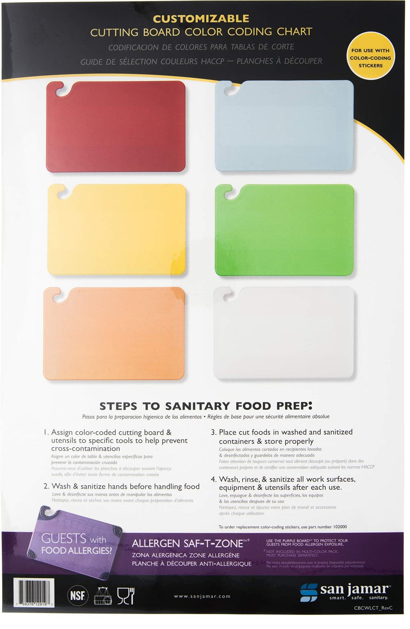 San Jamar CBCWLCTST CutNCarry 6Board ColorCoding Wall Chart 11 Width x 17 Height