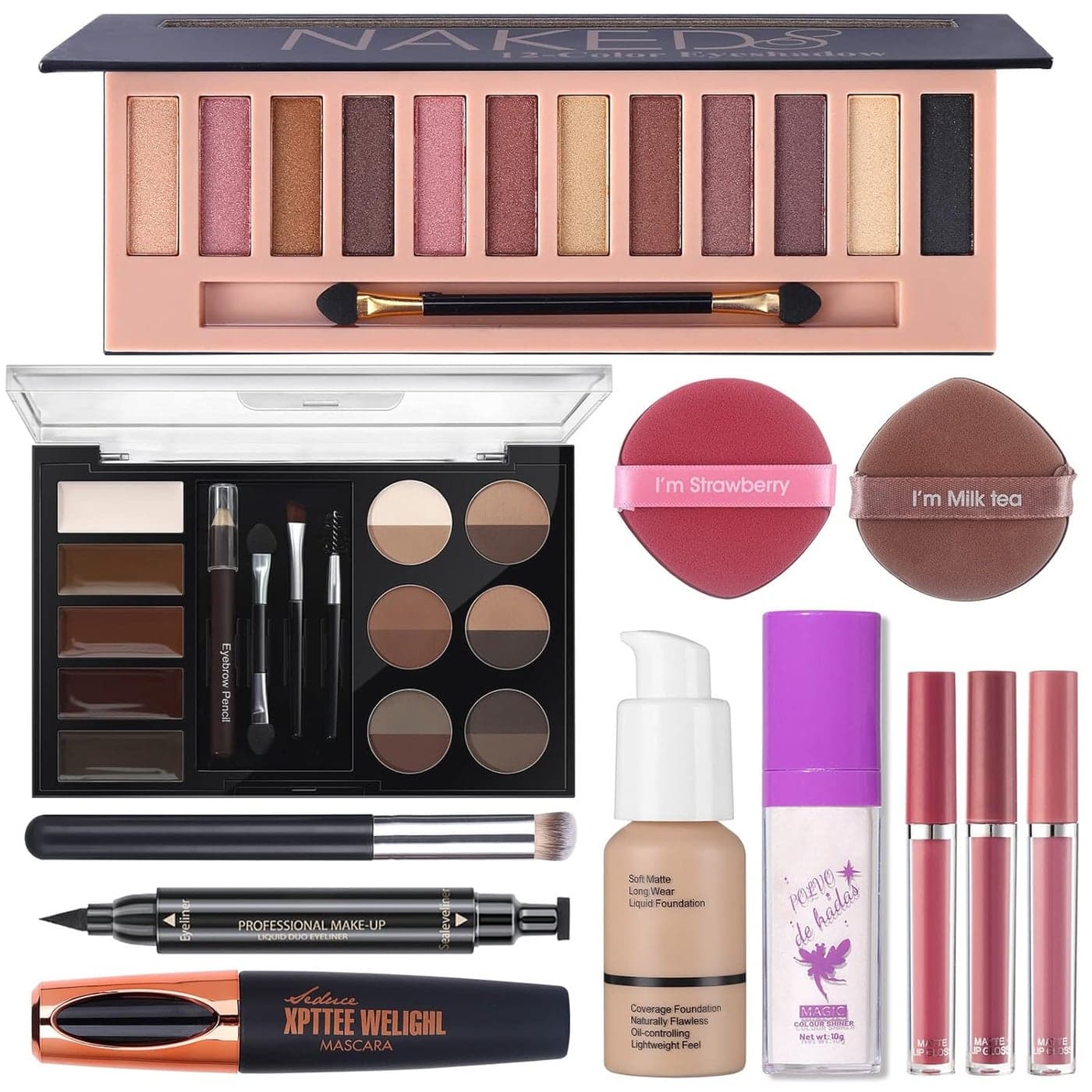 Makeup Set For Women Full Kit - 12 Colors Nude Shimmer Eyeshadow Palette, Patting Powder Highlighter, Eyebrow Contour Kit, Liquid Foundation + Concealer Brush, Black Mascara and Stamp Liquid Eyeliner , 3pcs Matte Liquid Lipstick Set with 2 Powder Puff Makeup Gift Set
