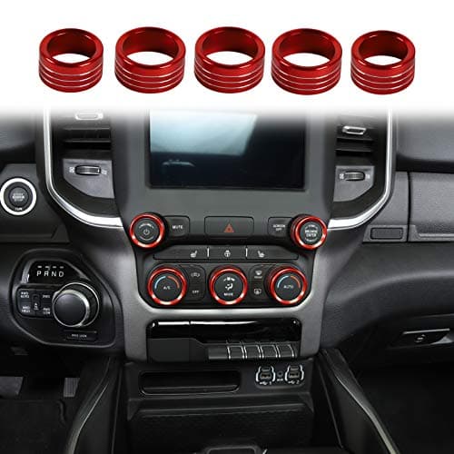 Voodonala Aluminum Center Console AC Radio Headlight Dashboard CD Switch Climate Control HVAC Knob Cover for 2018-2025+ Dodge RAM Interior Accessories, 5pcs Red(Didnt fit Sports & Special Editions)