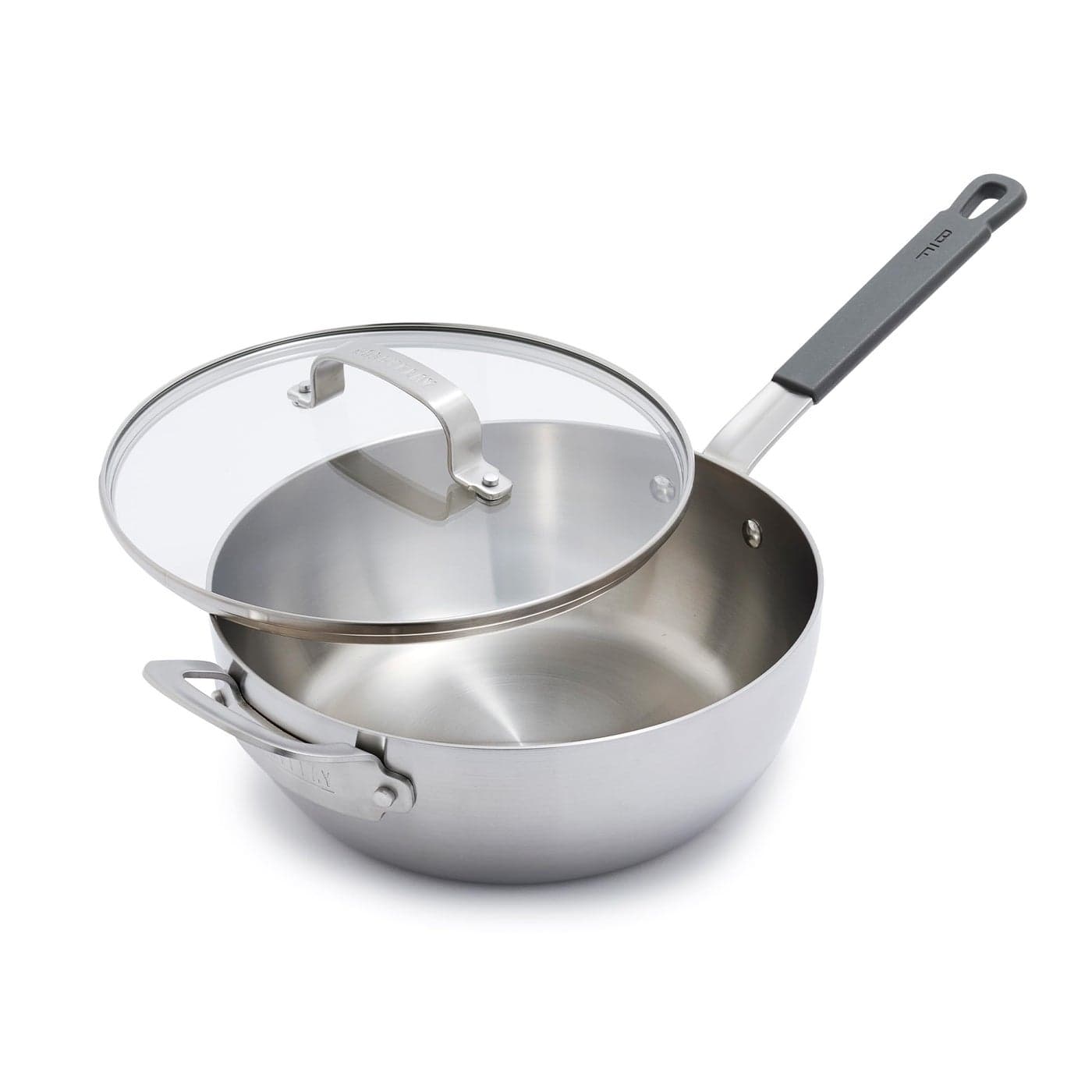 GreenPan x Bobby Flay Stainless Steel 375QT Saucepan Glass Lid Professional Grade TriPly Chefs Pan Multiclad Induction Suitable Dishwasher Oven Safe Stay Cool Silicone HandleChip Free Rims