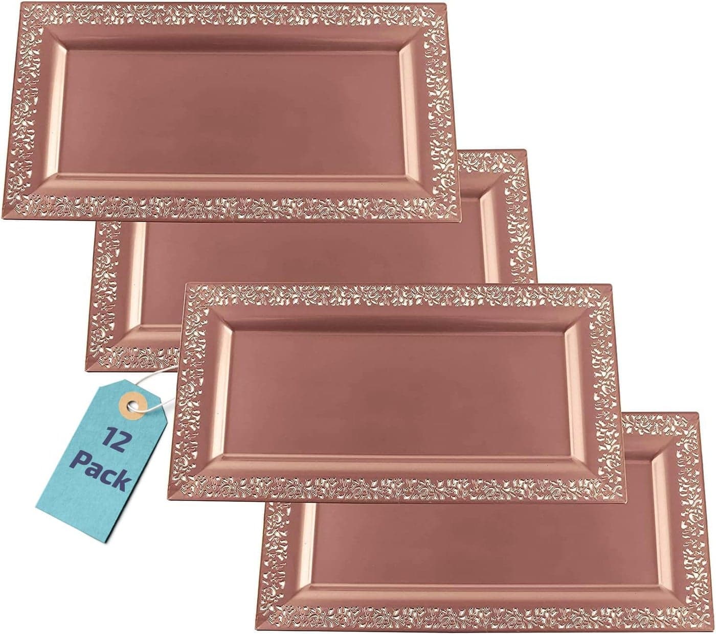 12 pk 14 x 75 Rose Gold Lace Rim Plastic Serving Trays Platters Heavy Duty Disposable Decorative Dessert Tray Party Platters for Upscale Parties Weddings