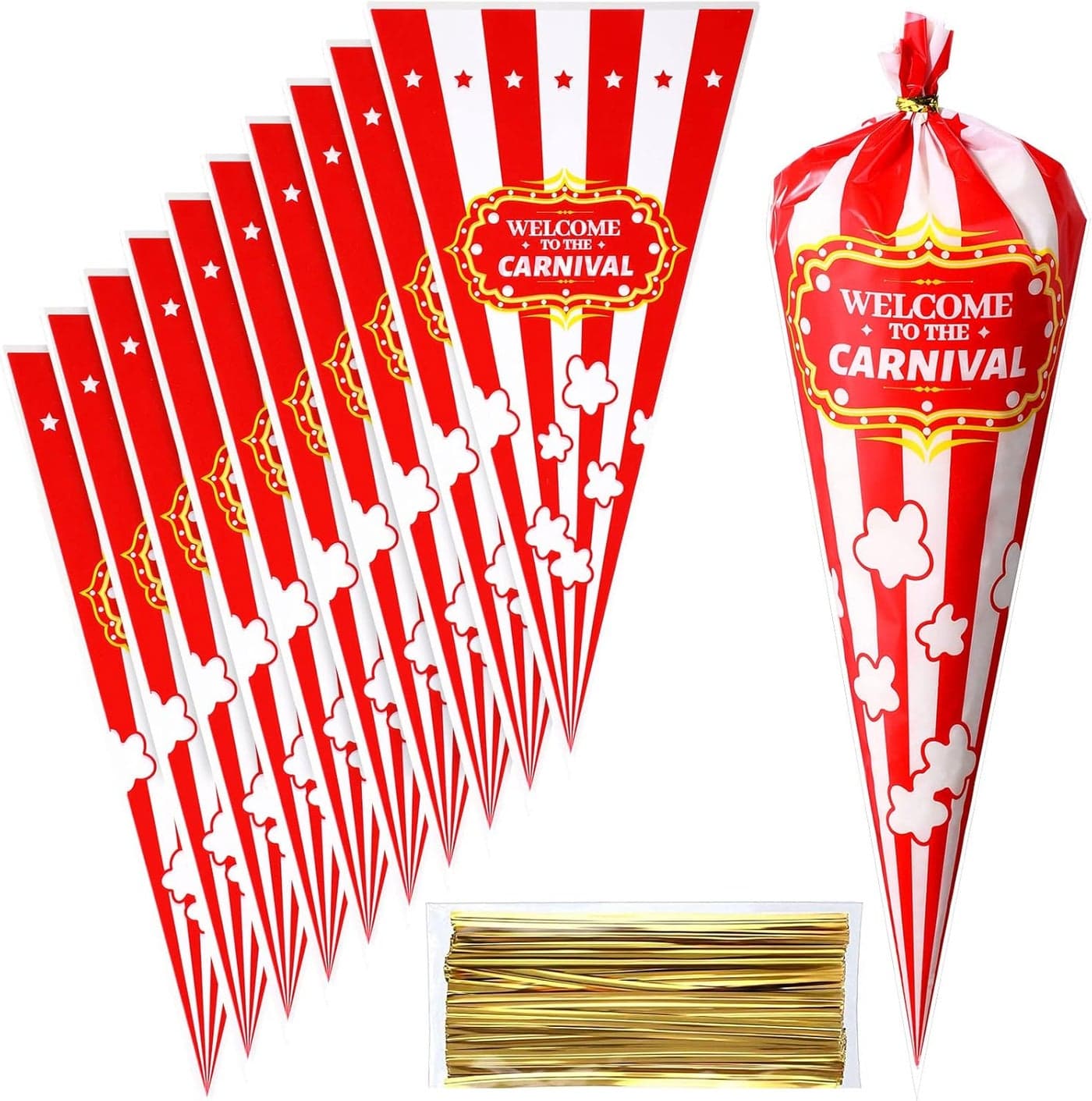 120 Pcs Carnival Bags Carnival Party Decorations Red White Circus Cone Popcorn Bags with Gold Twisted Ties for Party Favor Supplies candy Cookie Wrapping