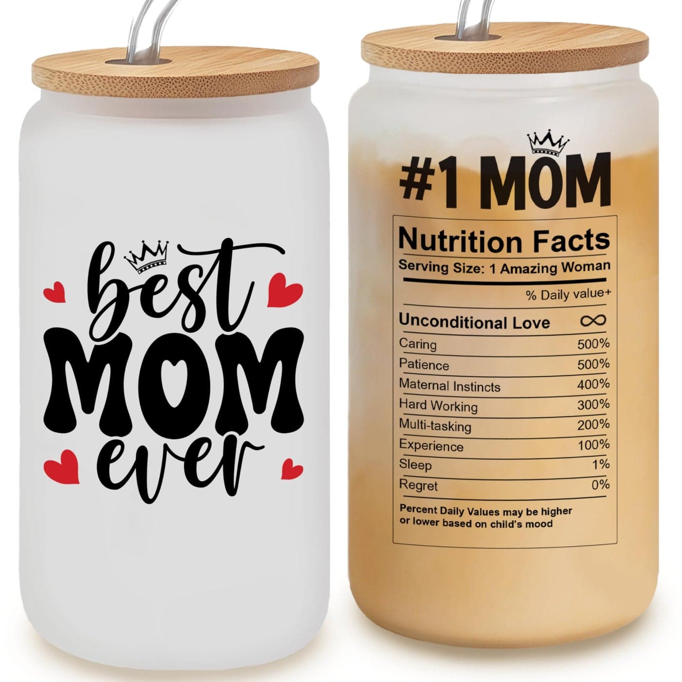 LIERIE8888 Best Mom Ever 16oz Frosted Glass Cup Mommy Coffee Mug Mama Cups Momma Gift Ideas Funny Birthday Present For Her Cute Mother Day Gift Tumbler Mom Cup Gifts from Daughter Son Kids