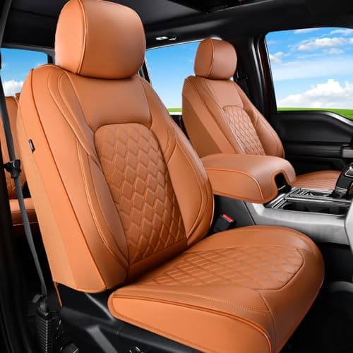 Huidasource Front Truck Seat Covers Fit for Ford F150 2015-2025&F250 F350 F450 2017-2025 All Cab XL XLT Lariat King Ranch Platinum, Waterproof Leather Automotive Car Seat Cover(Front Pair/Brown)