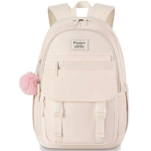WINDARS School Backpack for Teen Girls, Cute College Backpacks for Women Students Aesthetic Bookbag Large 15.6 Inch Laptop Bag Middle School Travel Back Pack (Beige)