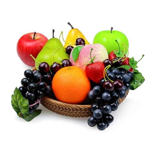 Tenorbass 16 Pcs Fake Fruits Pack, Artificial Fruits for Decoration Kitchen Home, Display Fruits for Dining Table Decor, Realistic Fake Apple Peach Oranges Grapes Pear