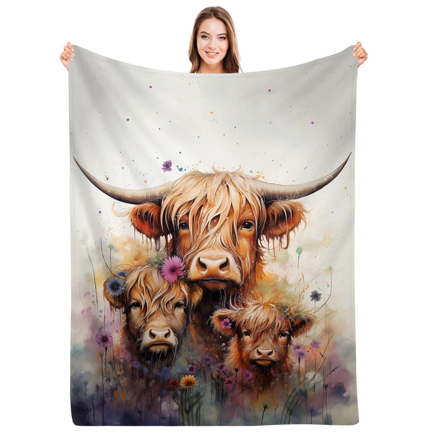 SARA NELL Highland Cow Blanket Cute Highland Cow Family Flannel Throw Blanket Watercolor Floral Flower and Cows Print Blankets Cow Gifts for Women Men Girls50x60