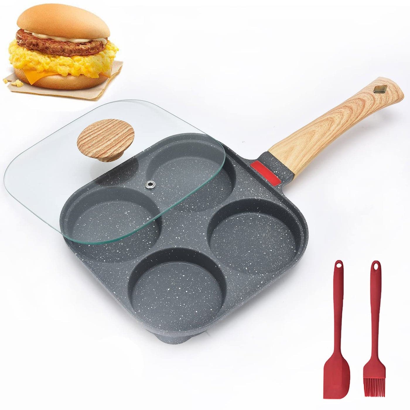 MIHUNTER 4Cup Aluminum Nonstick Egg Pan with Lid Suitable for Gas Stove Induction Cookware