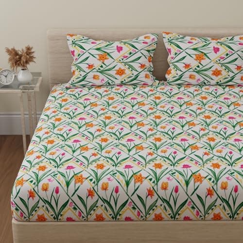 Huesland by Ahmedabad Cotton 144 TC Cotton Bed Spread Queen Size Bed with 2 Pillow Covers | Green & Yellow | Botanical Chevron