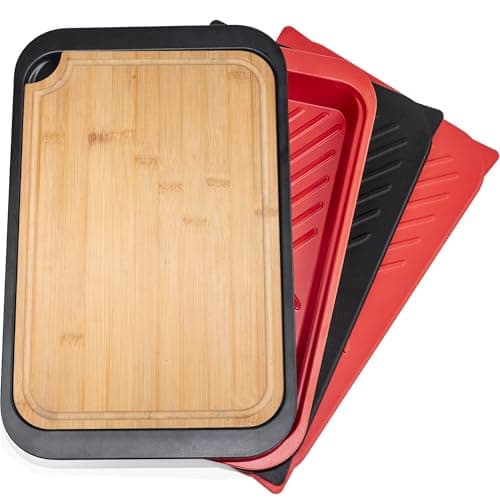Czlizdyt Bamboo Grilling Prep and Serve Trays with lid, BBQ Tray for Marinating Raw and Cooked Food, Diswasher Safe Nesting Trays Black in Red