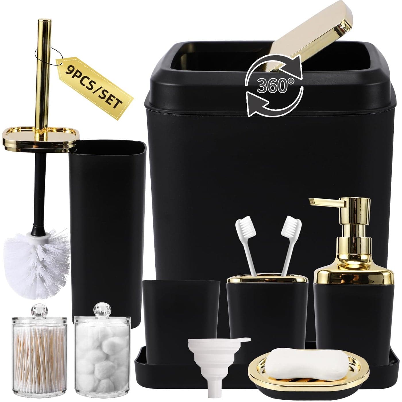 XLHOMO Black Bathroom Accessories Set Black and Gold Bathroom Accessories with Trash Can Tray Soap Dispenser Soap Dish Toothbrush Holder Toothbrush CupToilet Brush and Qtip Holders