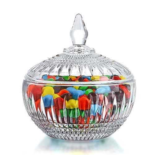 600ml/21oz Large Glass Candy Dish with Lid,Clear Crystal Candy Jar with Lid,Decorative Glass Jar for Wedding Buffet Party, Christmas, Home Decoration,Dishwasher Safe