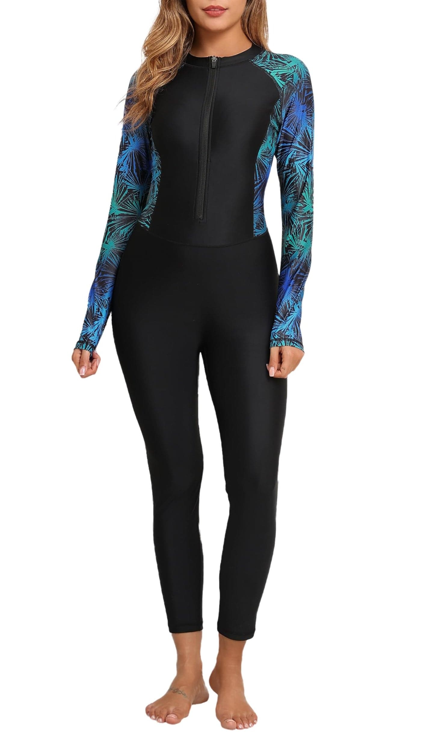 ALLTOKE Womens Full Body Zip Front Rash Guard Long Sleeve One Piece Bathing Suit with Built in Bra UPF50 Surf Swimsuit Black Green Lines S