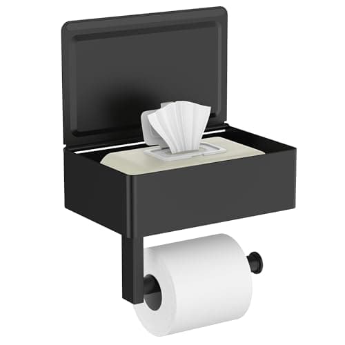 FORIOUS Toilet Paper Holder with Shelf Sanitary Napkin Receptacle Tampon Holder Wall Mount Toilet Paper Holder with Storage Flushable Wipes Dispenser Fits for Bathroom Commercial1 Matte Black