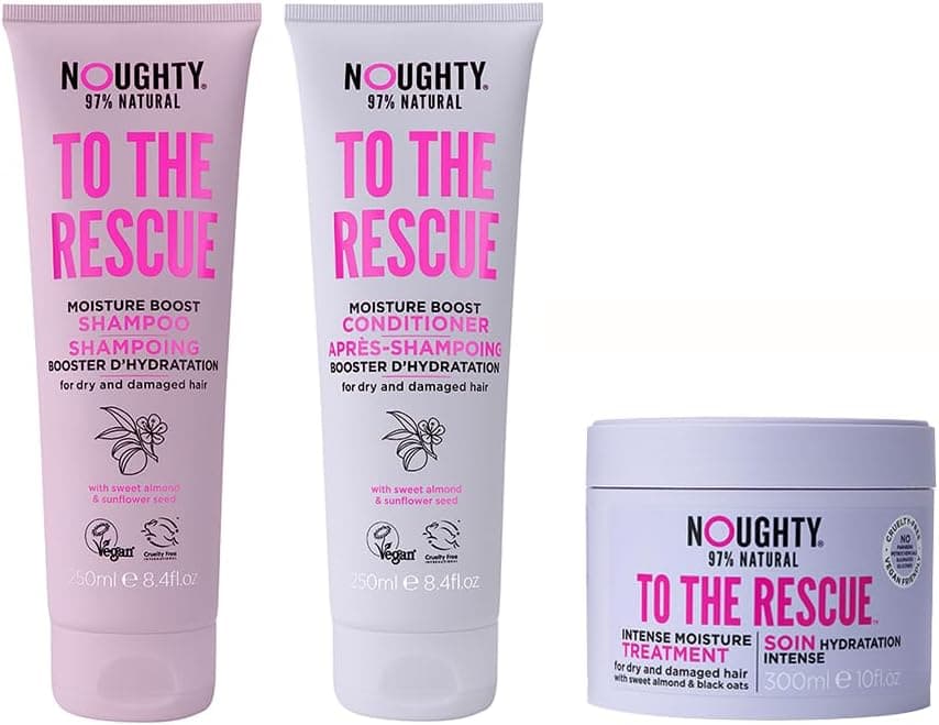 Noughty 97 Natural To The Rescue Moisture Boost Shampoo Conditioner and Treatment Mask Bundle Hydrating Sulphate Free Vegan Hair Care Set for Dry Frizzy and Damaged Hair 2x 250ml and 300ml