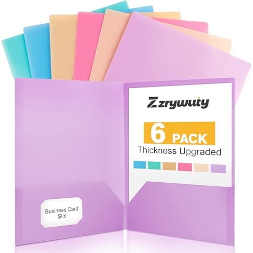 Zzrywuty 6Pack Plastic Folders with Pockets,Muted Pastel Colors,Durable Heavy Duty File Folders with Business Card Slot,2-Pocket Folder Letter Size,Holds 100 Plus Sheets for School,Office,Business