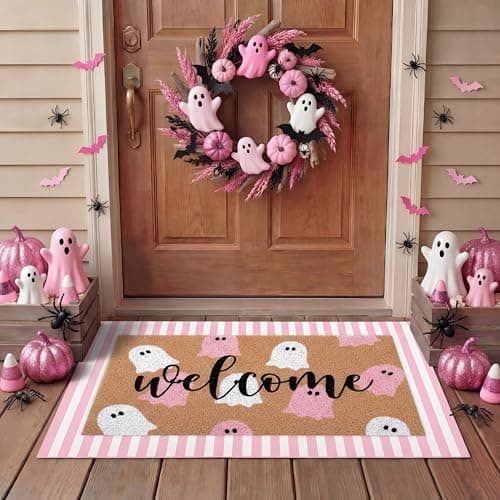 Tinideya 2 Pcs Door Mat Welcome Non Slip Coir Mats Floor Layering Doormats Seasonal for Front Porch Entryway DecorPink White Ghost