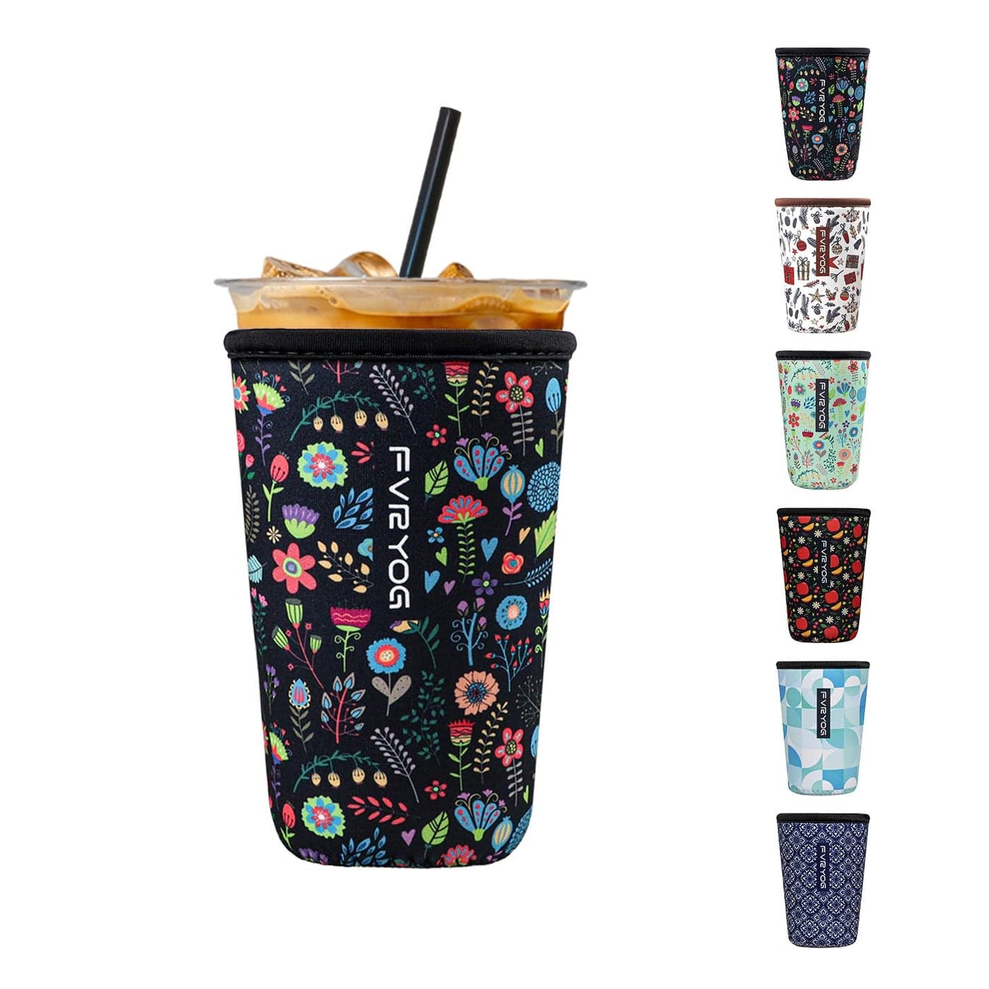 FVRYOG Reusable Insulated Neoprene Iced Coffee Sleeves for Iced Coffee Cups Coffee Coolies sleeves for Iced Hot Drinks