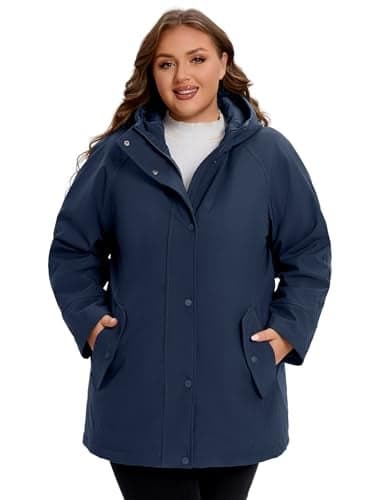 WINDMILL Womens Plus Size Softshell Jacket, Warm Windbreaker Coat with Hood Mid-length Winter Coat, Navy, 1X
