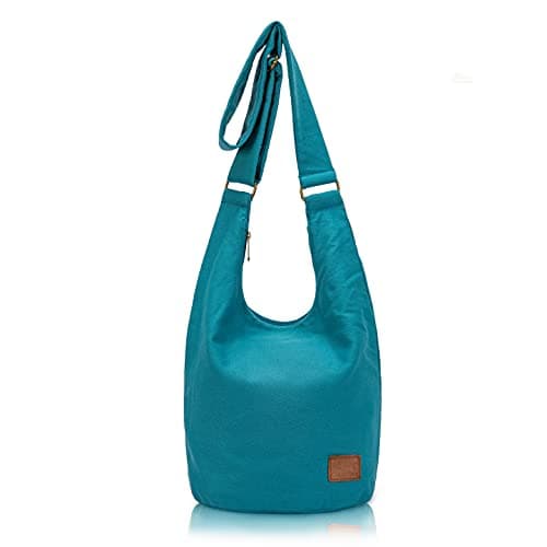 Hippie Crossbody Bag Top Zip Large Size Canvas Sling Bag Jacquard cloth Handmade Bags (Peacock blue)