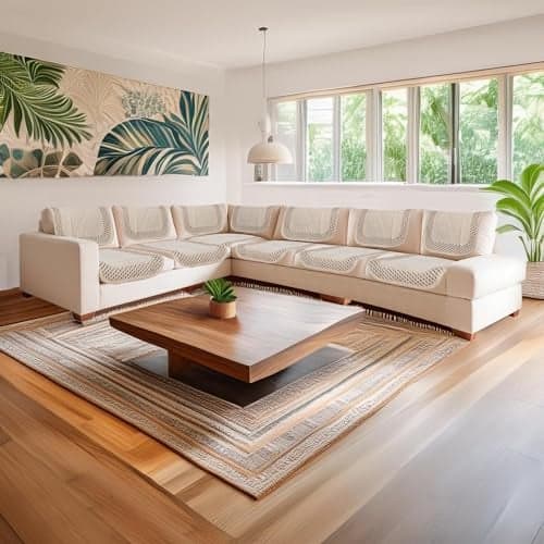 The Furnishers Premium Chenille Woven Anti-Slip 7 Seater Sofa Cover | L-Shape Sofa Seat Protector for Living Room | Durable & Stylish Slipcover - Beige 3D