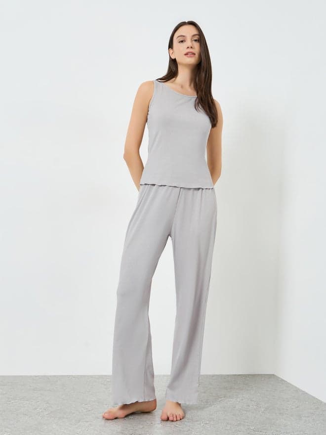 Styli Grey Ribbed Sleeveless Tank and Pyjama Set