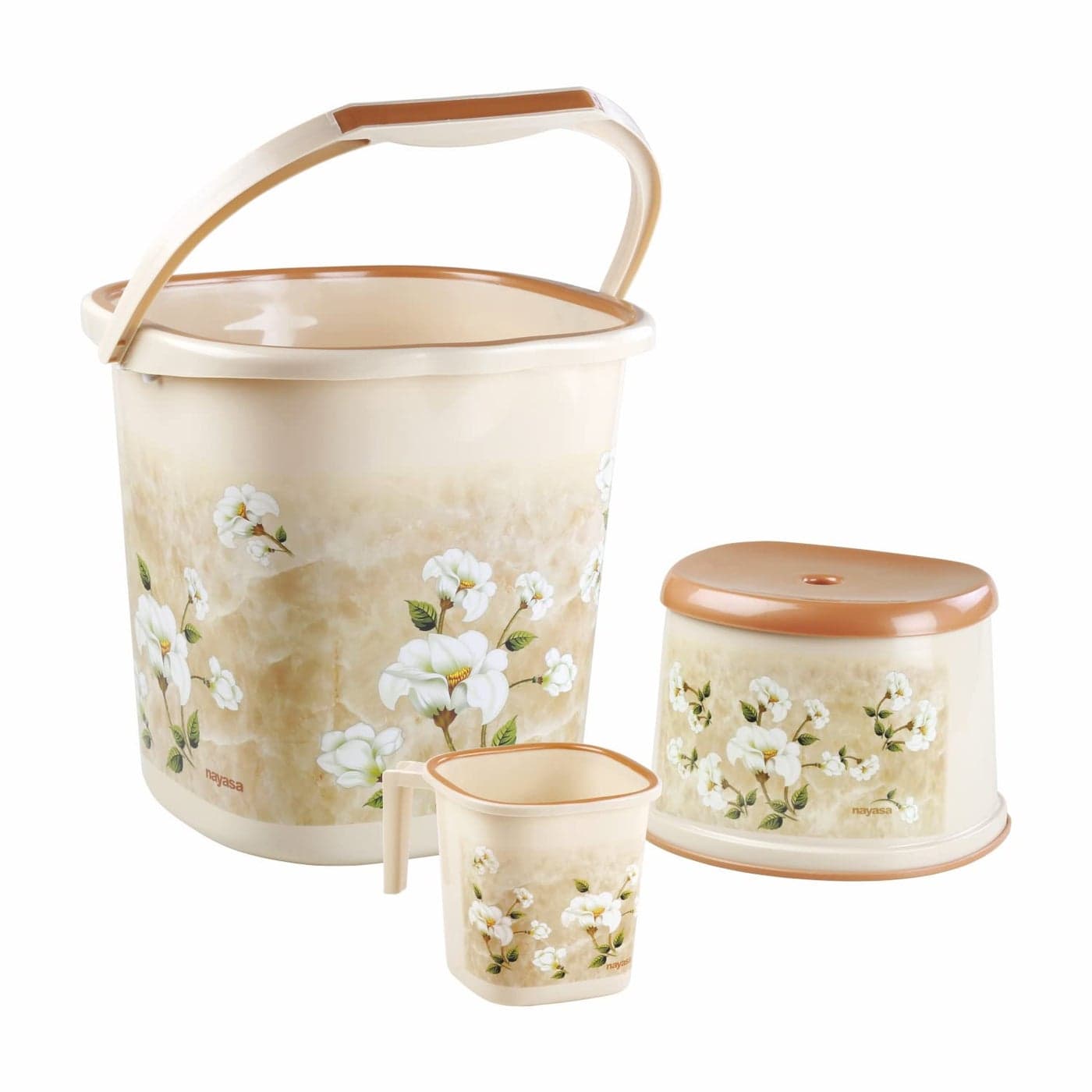 Nayasa Plastic Marble Bathroom Set of 3 | 25 LTR Bucket + 1.5 ML Mug + Stool | Bathroom Set | Bath Set for Bathroom | Cream