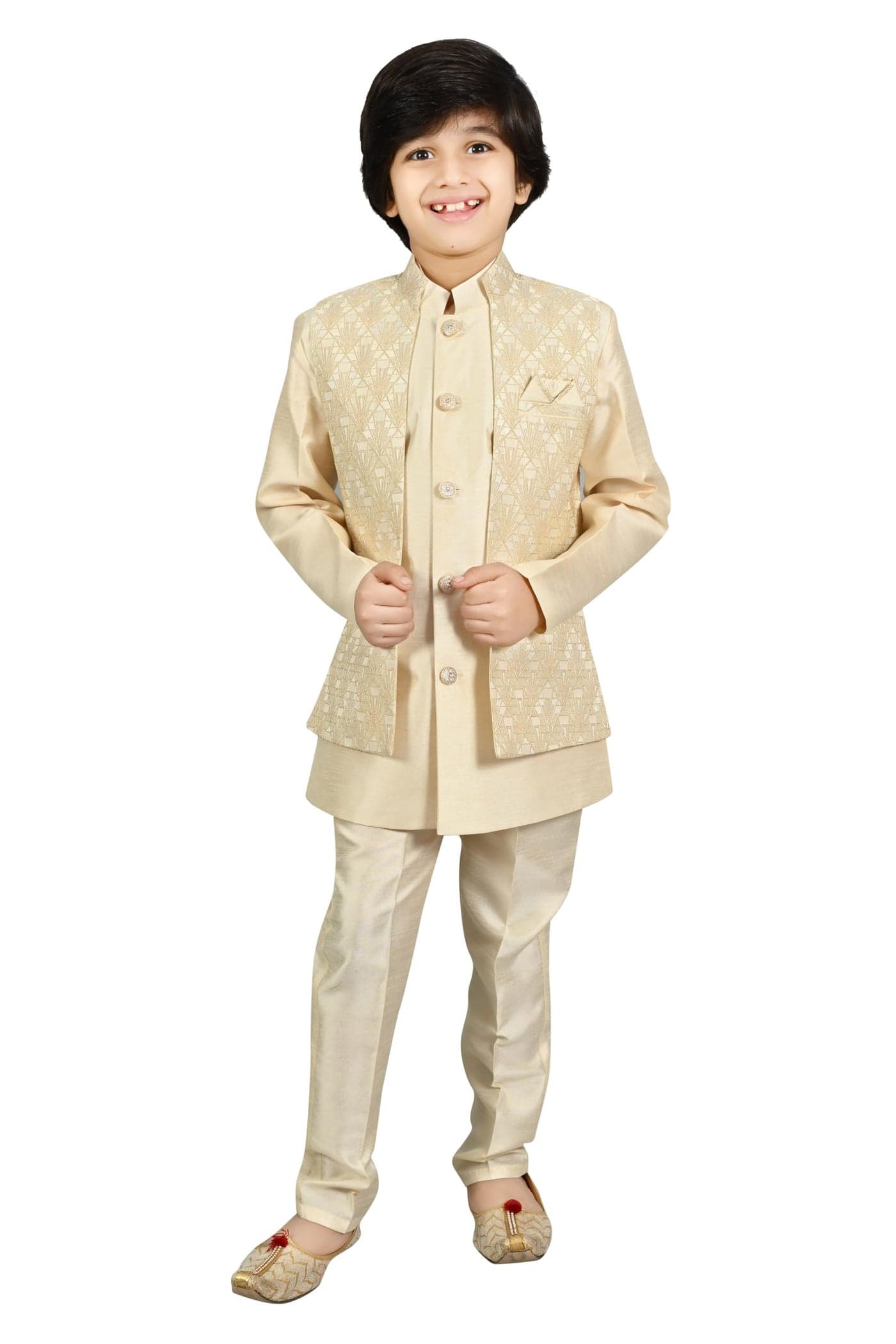 AHHAAAA Boys Silk Blend Solid Ethnic Waistcoat Kurta Pyjama Sherwani Set, Gold, 3-4 Years