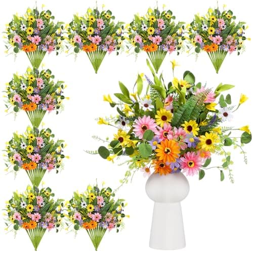 Thiccywoov 12 Bundles Wildflowers Artificial Flowers Outdoor Spring Fake Plastic Daisy Flowers Bouquets Fake Plants Vase Floral Arrangements Table Centerpiece for Wedding Home DecorBright Daisy