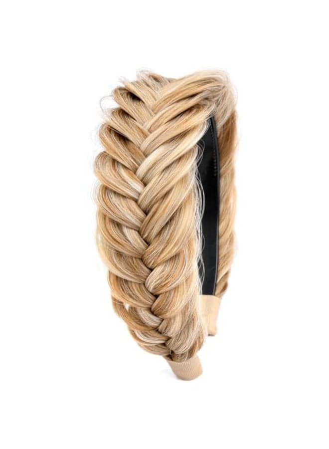 DIGUAN Wide Messy Braided Headband With Teeth Synthetic Hair Plaited Headband High Elasticity Braids Chunky Fishtail Braided Hair Band Hairpiece for Girls Women Beauty Accessory Golden Blonde