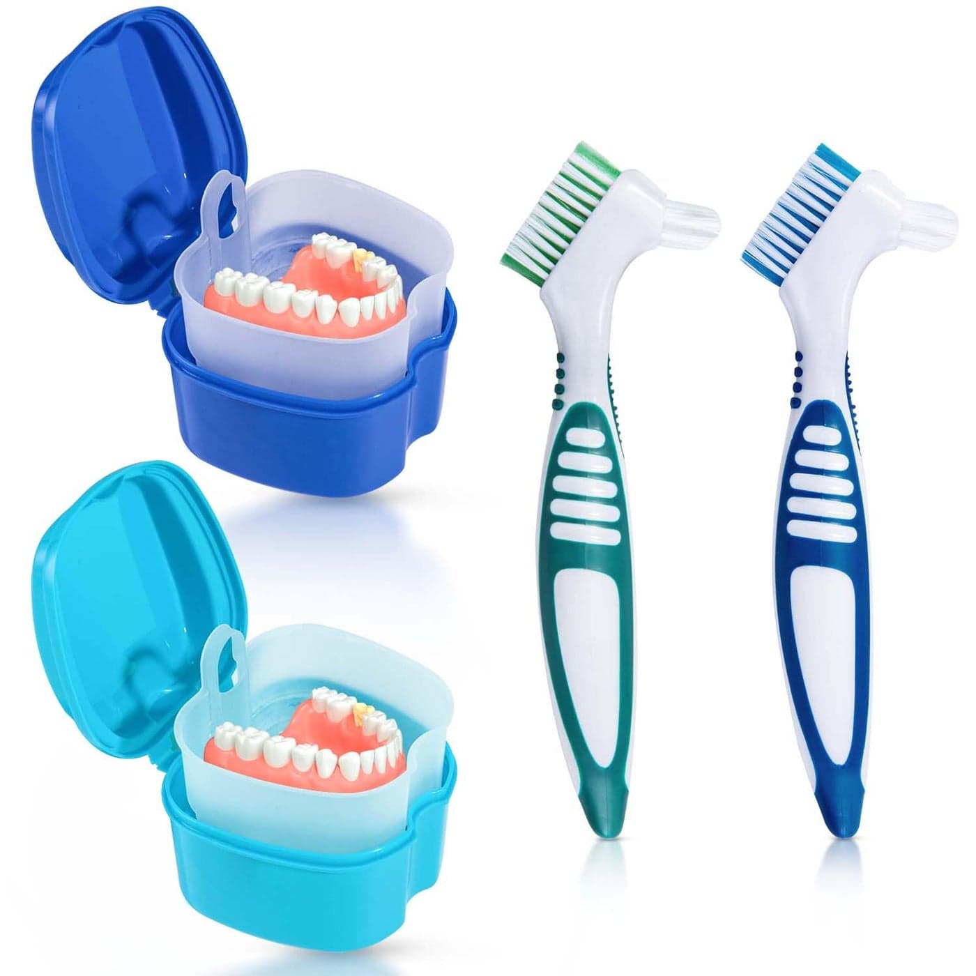 KISEER 2 Pack Denture Bath Case Cup Box Holder Storage Container with Denture Cleaner Brush Strainer Basket for Travel Cleaning Light Blue and Blue